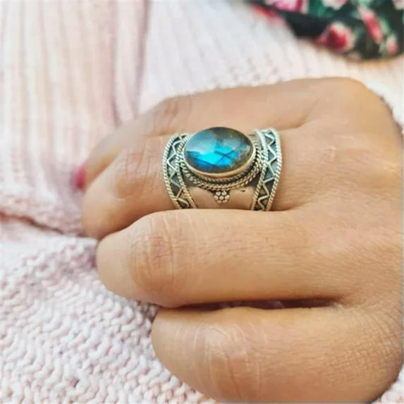 HOOUN Fashion 925 Silver Turquoise Rings for Women Wedding Jewelry Ring Gift Size 6-10-#1-9