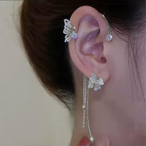 HOOUN Fashion Butterfly Leaf Tassel Ear Cuff Clip Earrings Non Piercing Wrap Jewelry-1pc Right Ear-4