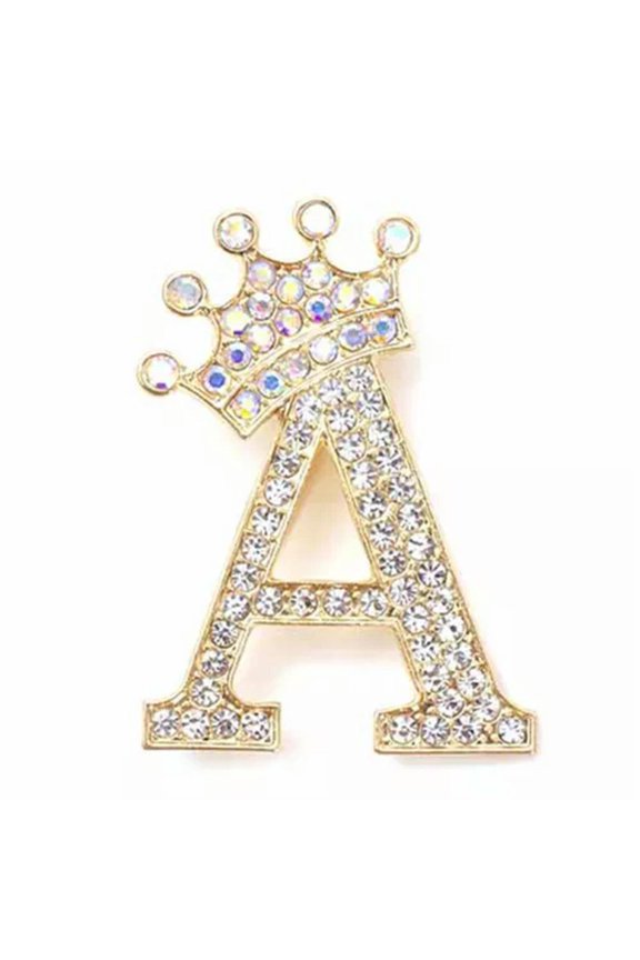 Fashion Crown 26 Initial Letters A to Z Crystal Rhinestone Brooch Pins Women@-Gold-A