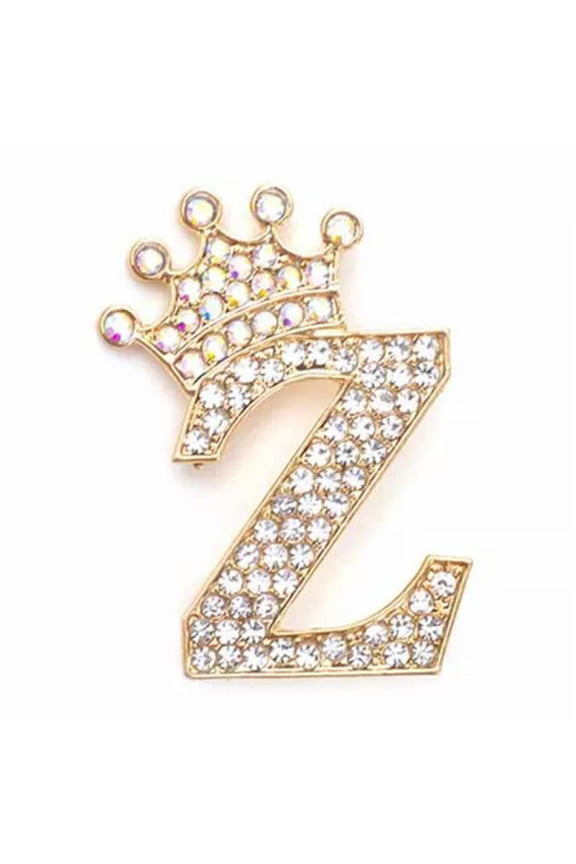 Fashion Crown 26 Initial Letters A to Z Crystal Rhinestone Brooch Pins Women@-Gold-Z