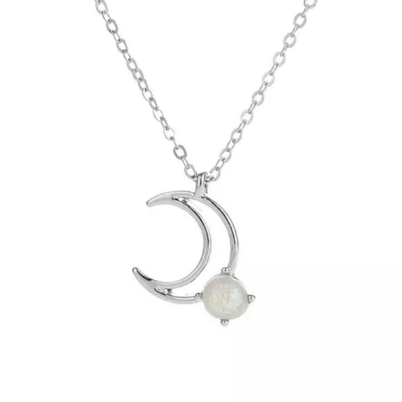 HOOUN Fashion Fire Opal Moon Crescent Pendant Necklace Celestial Jewelry Gifts-Silver