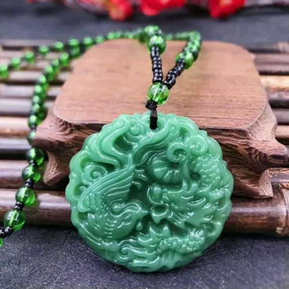 HOOUN Fashion Glass Hand-Carved Dragon Pendant Necklace Chinese Amulet Women Man#-A2