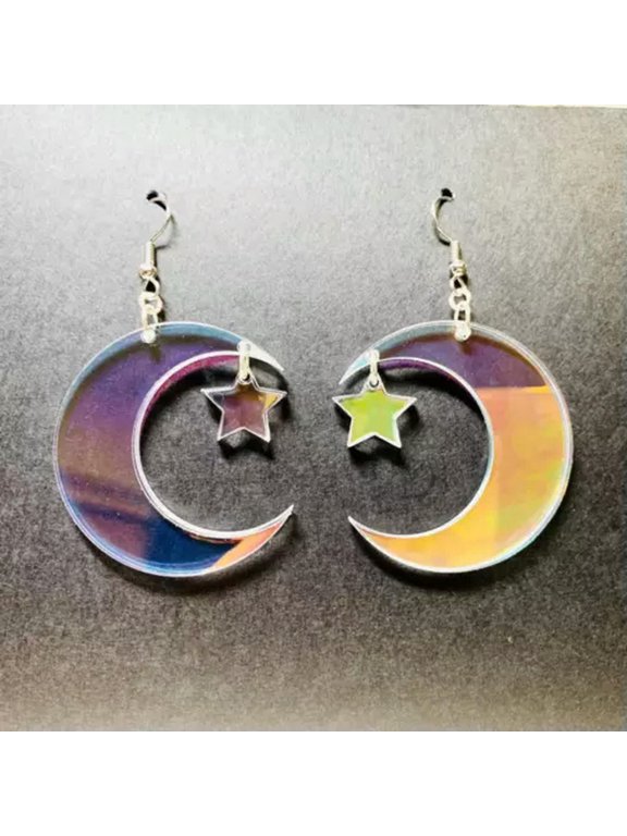 Fashion Iridescent Acrylic Crescent Moon Star Earrings Rainbow Statement Earring-1#colorful moon star earrings