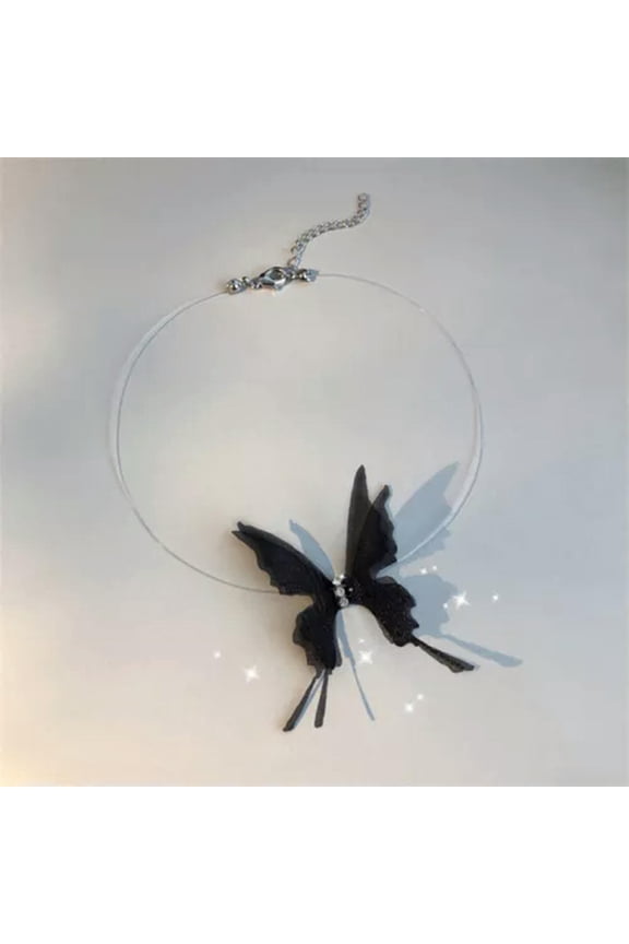Fashion Lace Butterfly Chokers Necklaces Transparent Chocker Party Neck Jewelry@-Black-
