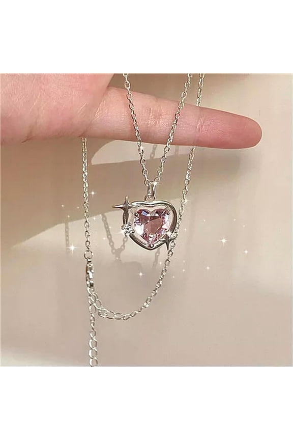 Fashion Peach Heart Pendant Necklace Pink Crystal Egirl Clavicle Chain Jewelry-#1