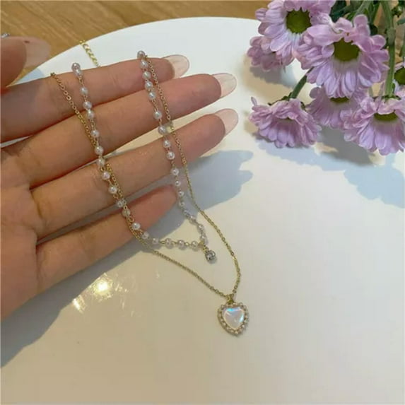 HOOUN Fashion Pink Crystal Pendant Necklace Pearl Clavicle Chain Necklace Shiny Wom:yq-A1