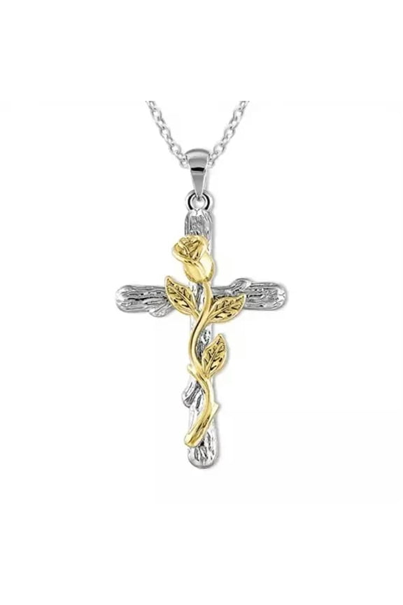 Fashion Rose Golden Floral Flower Cross Pendant Necklace Gift Silver Color Women