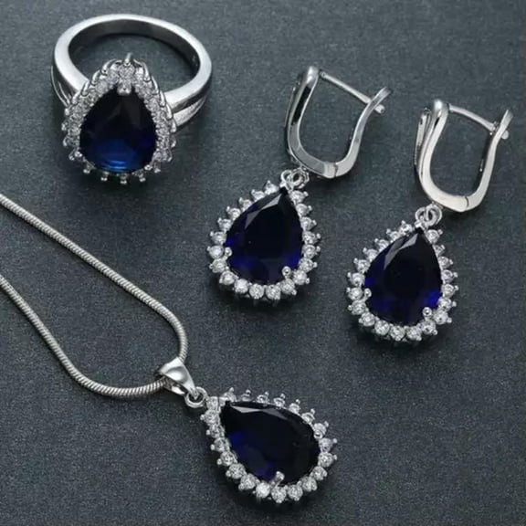 HOOUN Fashion Silver Plated Teardrop Cubic Zircon Jewelry Set Ring Earrings Necklace-3# Sapphire Water Drop-7