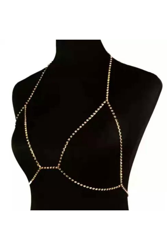 Fashion Women Body Crystal Chain Necklace Harness Crossover Sexy Chest Bra 0749-Gold