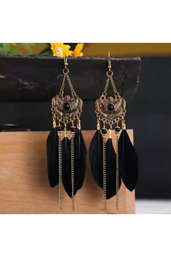 Fashion Women Bohemian Earrings Ancient Gold Moon Lock Style Feather Beads 1488-Black