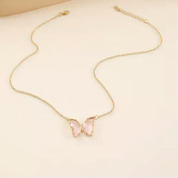 HOOUN Fashion Women Crystal Chain Necklace Spread Wing Butterfly Pendant 1069-Pink