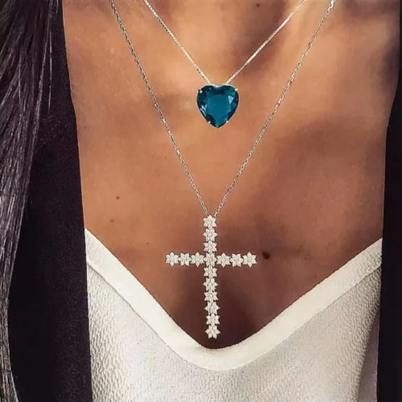 HOOUN Fashion Women Layered Necklace Creative Crystal Cross Love Heart Pendant 1689-1