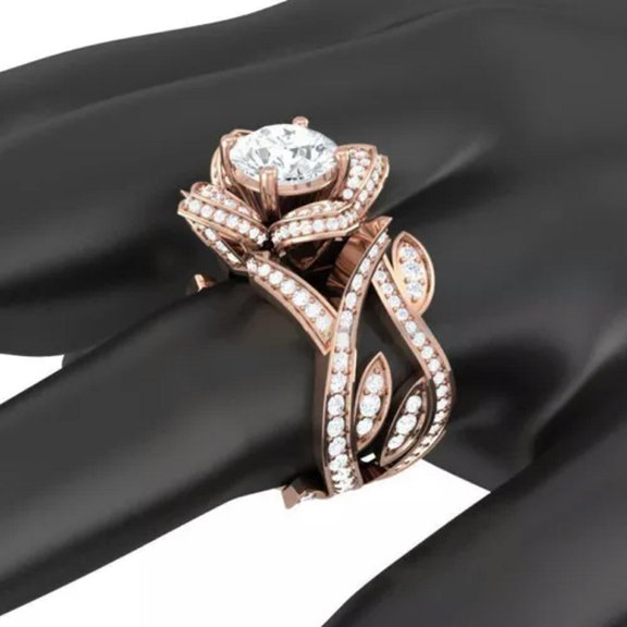 HOOUN Fashion Women Lotus Flower White Topaz Ring Set 925 Silver Gold Wedding Jewelry-7-Rose Gold