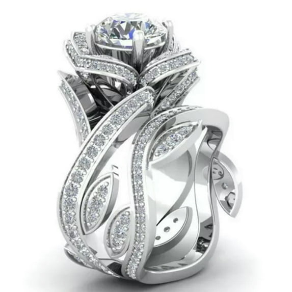 HOOUN Fashion Women Lotus Flower White Topaz Ring Set 925 Silver Gold Wedding Jewelry-9-White