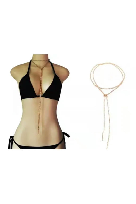 Fashion Women Necklace Body Chain Full Crystal Bling Superlong Sexy Choker 0754-Gold