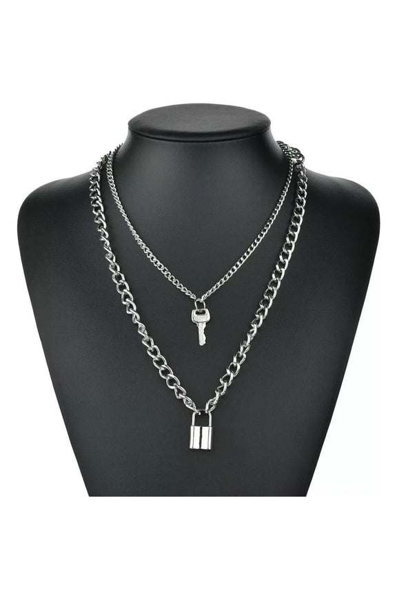 Fashion Women Silver Chain Crystal Padlock Lock Key Jewellery Pendant Necklace