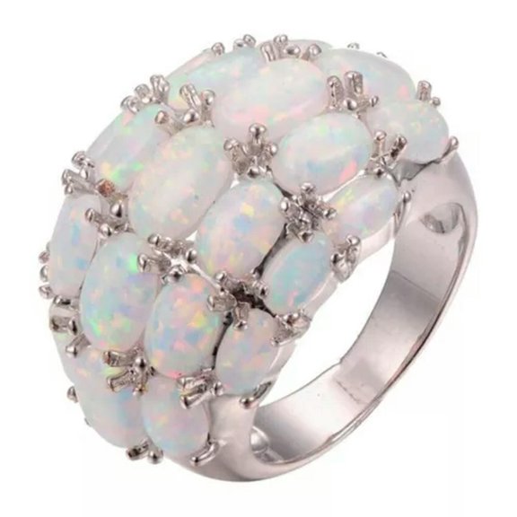 HOOUN Fashion Women Silver Party Jewelry Wedding Oval Cubic zirconia Rings Size 6-11-8-Opal#3