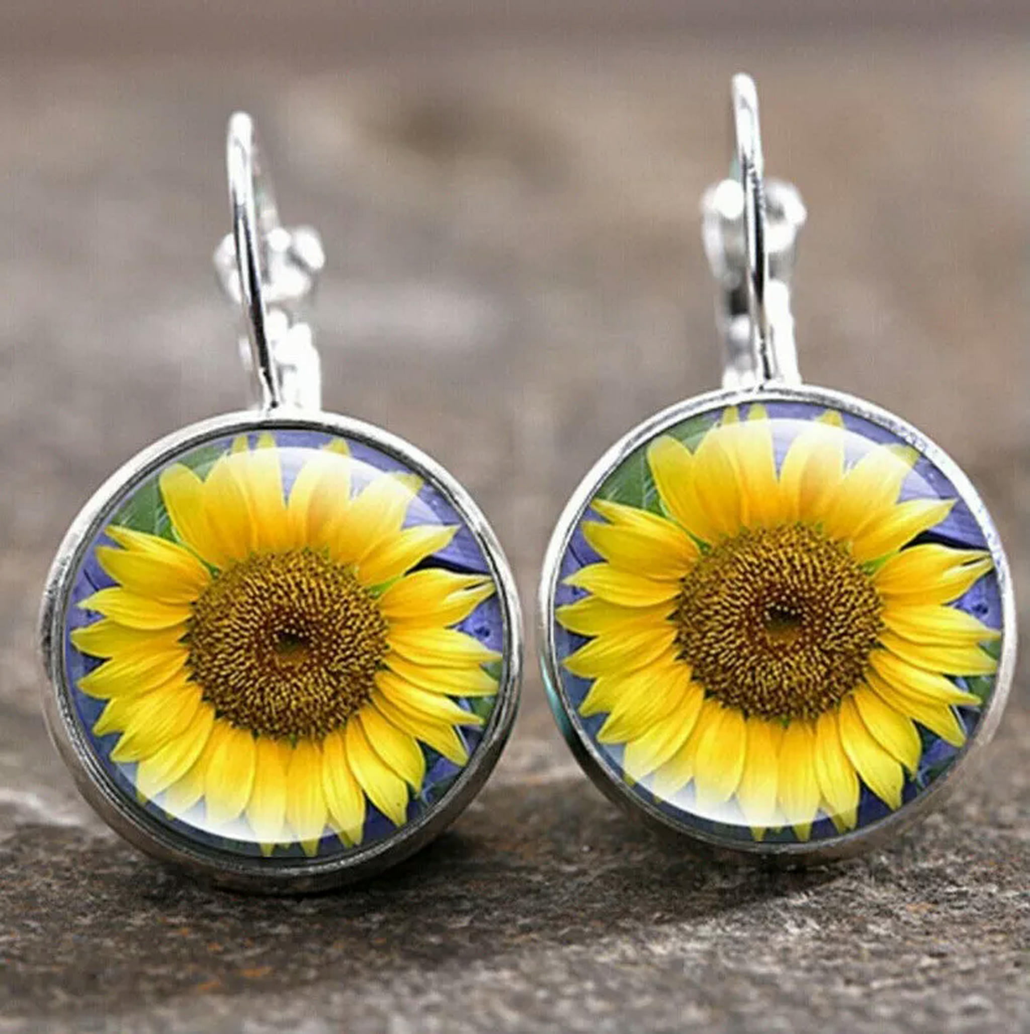 HOOUN Fashion Women Silver Sunflower Glass Stone Drop Earrings Boho Charm Jewelry Gift