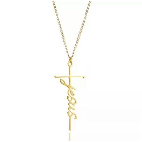 HOOUN Fashion Women Simple Jesus Cross Necklace JESUS Creative Letters Pendant 0418-Gold