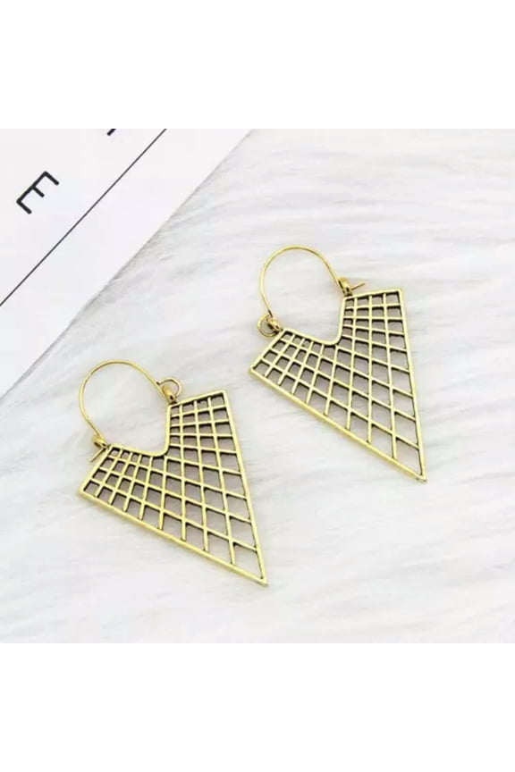 Fashion Women Vintage Ancient Earrings 3D Hollow Triangle Shield Style 1972-Gold