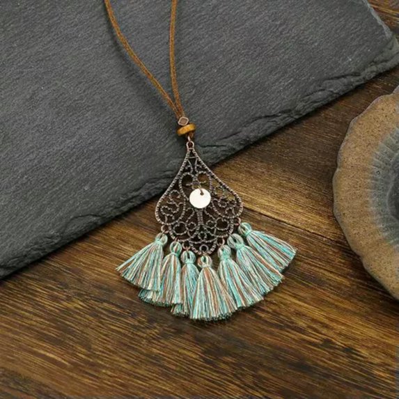 HOOUN Fashion Women Vintage Necklace Bronze Carved Flowers Tassel Feather Rope 1816-5