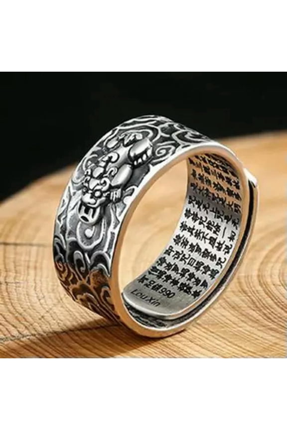 Feng Shui Pi xiu Mani Mantra Protection Wealth Ring Amulet Buddhist Open Rings-Silver