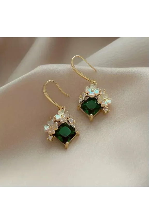 Flower Emerald Synthetic Gemstone Decor Dangle Earrings Retro Elegant Style