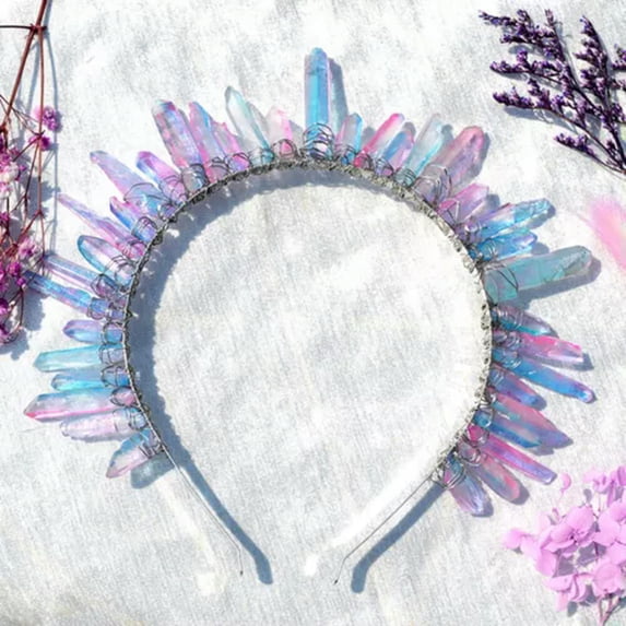 HOOUN Goddess Bridal Crown Raw Crystal Quartz Tiara Queen Party Headband Hair Hoop-Blue & Pink