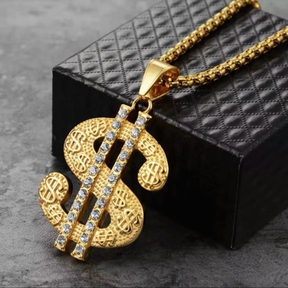 HOOUN Gold CZ U.S. Dollar Sign Pendant Necklace Punk Hip Hop Rock Jewelry Box Chain 24