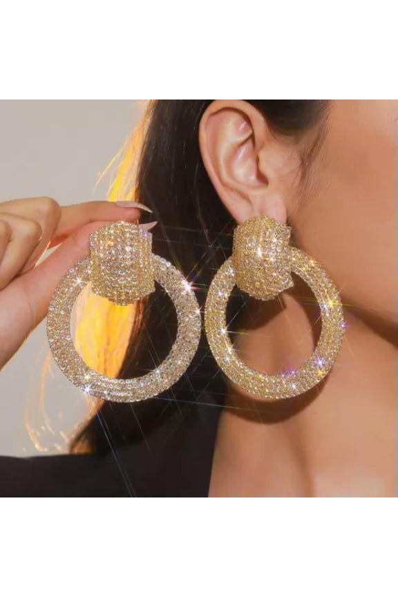 Gold Door Knocker Earrings Big Glamorous Rhinestones Oversized Pageant Cat Walk