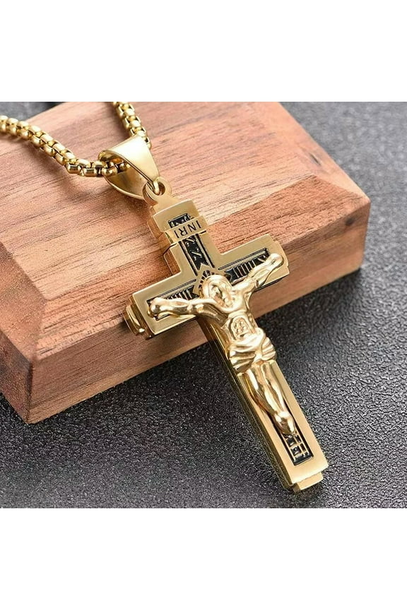 Gold Jesus Christ Crucifix Cross Pendant Men Women Christian Necklace Chain 24"