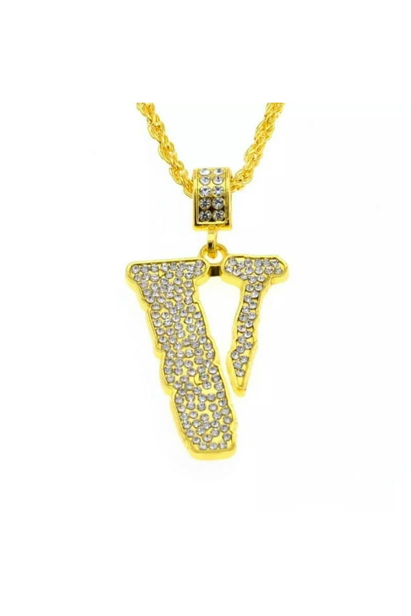 Gold Letter V Chain Necklace Punk Big Gangster Shinny Rapper Fancy Dress Costume