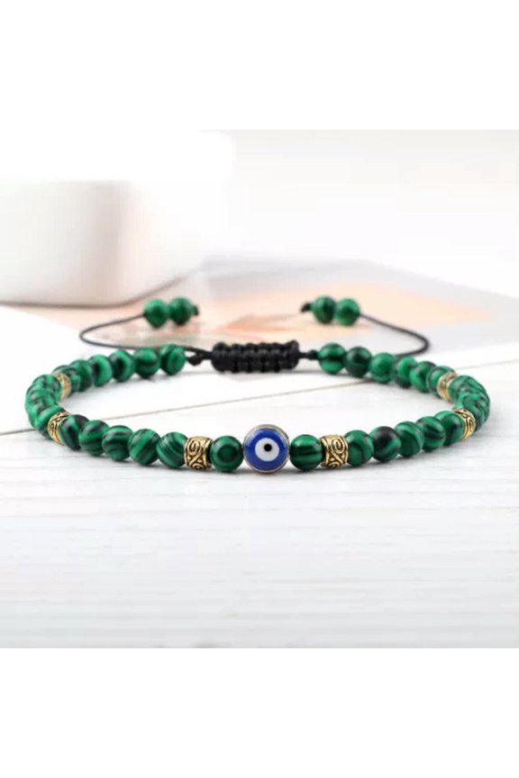 Gold Metal Spacer Turkish Evil Eyes Braid Bead Stone Bracelets Jewelry Gift 4mm-malachite