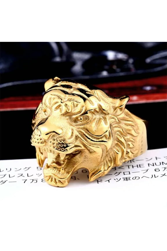Gold Plated Men's Powerful Tiger Head Ring Stainless Steel Gothic Punk Rock Ring-12