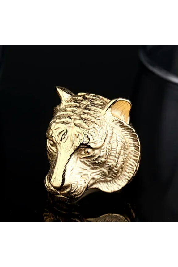 Gold Plated Powerful Tiger Head Ring Stainless Steel Men's Cool Tiger Biker Ring-9