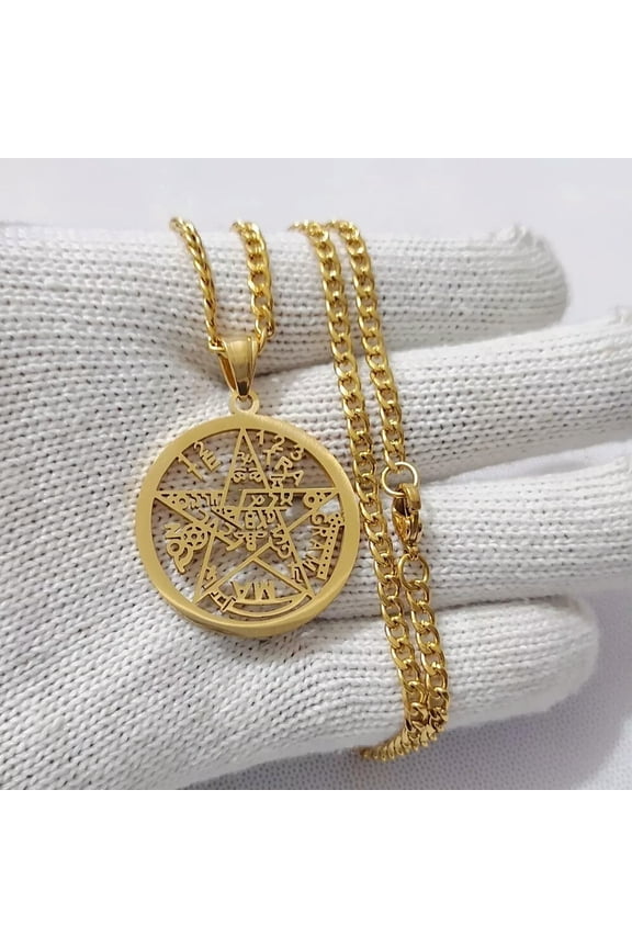 Gold Scripture Pentagram Amulet Energy Charm Stainless steel Pendant Necklace