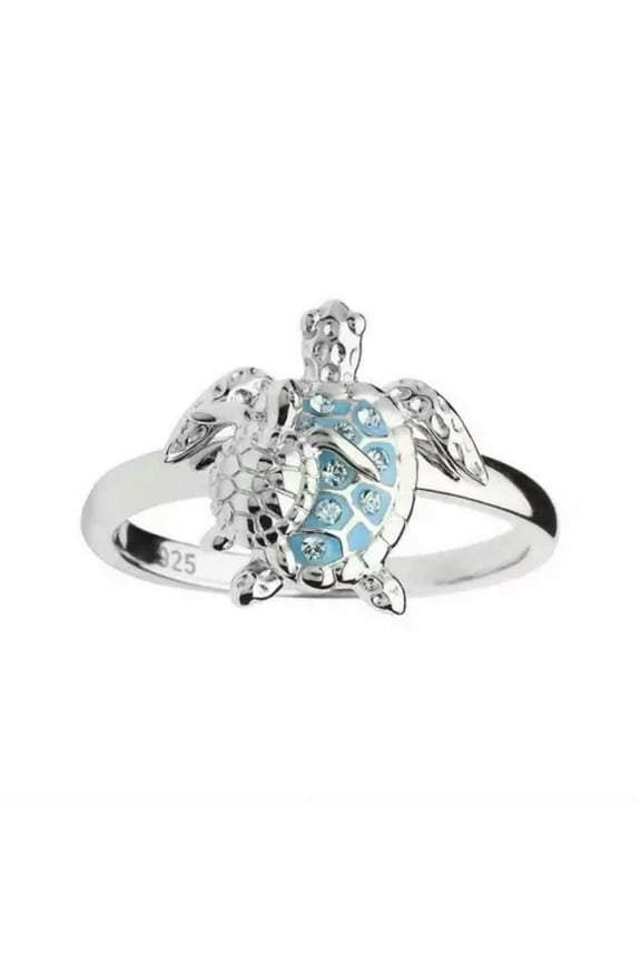 Gold Sea Turtle Ring Crystal Stone Pendant Necklace Party Jewelry Set Gift Rings-04# Silver Turtle Ring-9