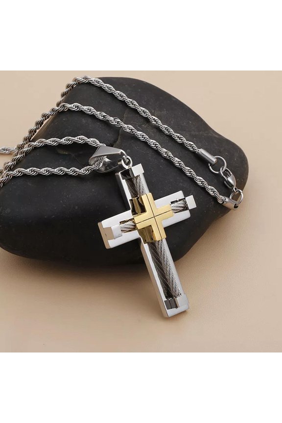 Gold Silver Stainless steel cable wire cross Pendant Men's Fashion Necklace Big