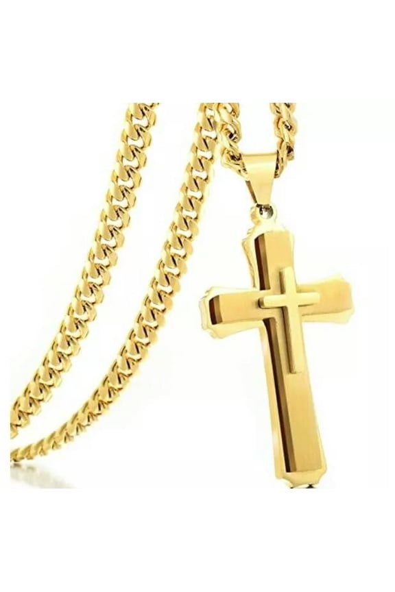 Gold Stainless Steel Double Cross Pendant Necklace For Mens 5mm 24'' Curb Chain