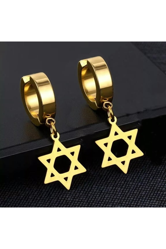 Gold Star of David Drop Dangle Hoop Earrings Jewish Jewelry Stainless Steel 2Pcs