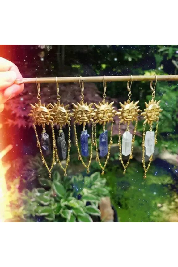Gold Sun Goddess Clear Quartz Charm Earrings Stone Tassel Chain Hippie Bohemian-Clear