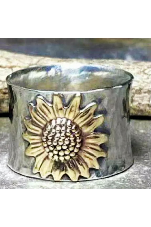 Gold Sunflower Wide Rings for Women Handmade Band Silver Ring Jewelry Size 6-11-11-#1 Gold Sunflower Ring