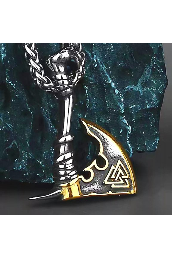 Gold Viking Valknut Axe Pendant Necklace Chain Mens Stainless Steel Jewelry Gift