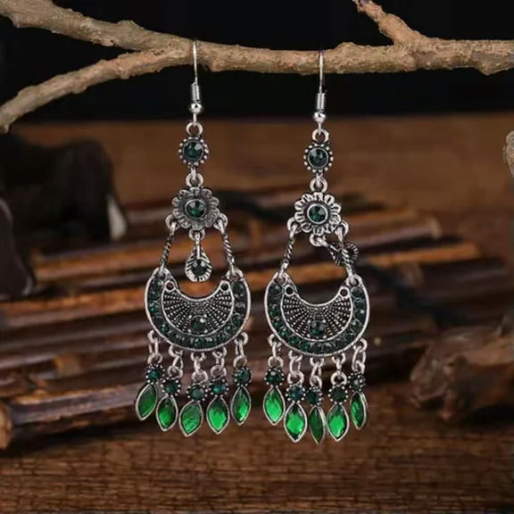 HOOUN Gorgeous Women Ancient Silver Bohemian Earrings Half Moon Flowers Tassel 1497-Green
