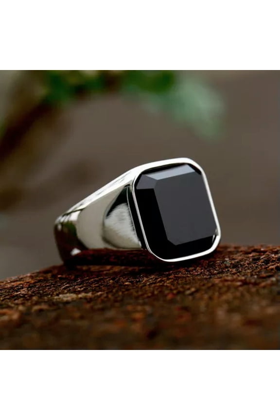 Gothic Black Agate Men's Biker Ring Stainless Steel Classic Wedding Fashion Ring-12