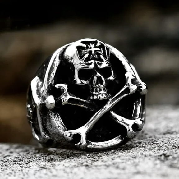 HOOUN Gothic Cross Bone Skull Head Ring Stainless Steel Men's Jewelry Biker Punk Ring-8