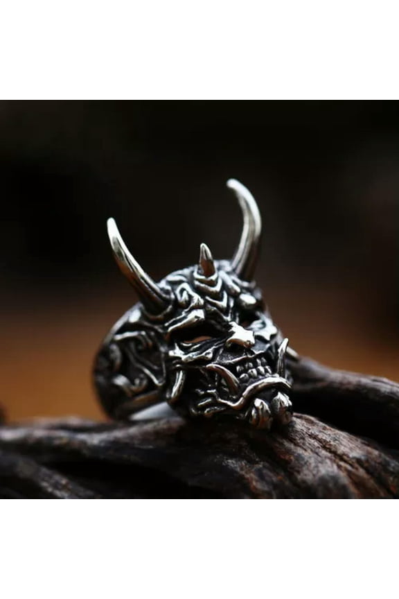 Gothic Devil's Horns Skull Ring Stainless Steel Sutra Mask Skull Ring Biker Punk-9