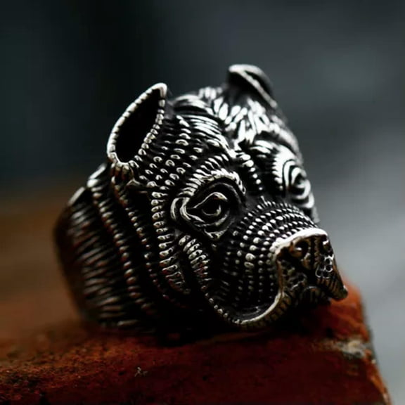 HOOUN Gothic Dog Head Ring Stainless Steel Men's Biker Punk Ring British Bulldog Ring-7