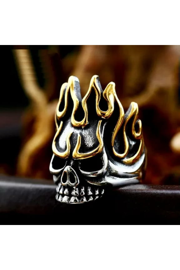 Gothic Gold Fire Skull Head Ring Stainless Steel Men's Biker Powerful Punk Ring-12