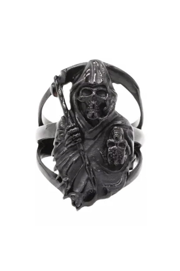 Gothic Hell Devil Skull Ring Men's Stainless Steel Sickle Death Skull Biker Ring-12-Black